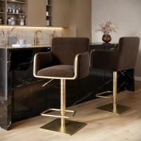 Set of 2 Brown Velvet Adjustable Swivel Bar Stools with Gold Base - Sonny