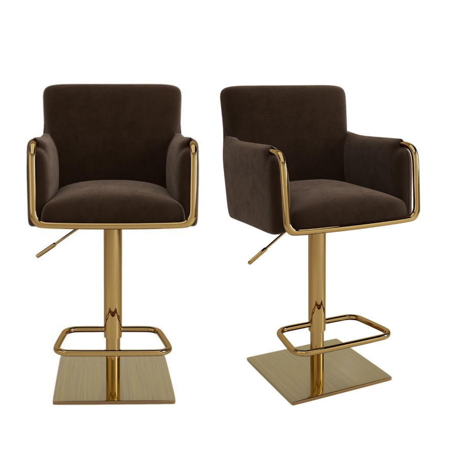 Set of 2 Brown Velvet Adjustable Swivel Bar Stools with Gold Base - Sonny