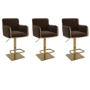 Set of 3 Brown Velvet Adjustable Swivel Bar Stools with Gold Base - Sonny