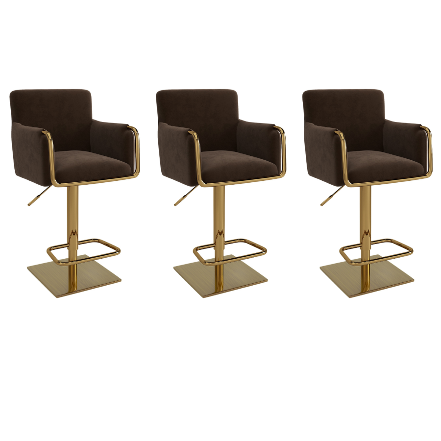 Set of 3 Brown Velvet Adjustable Swivel Bar Stools with Gold Base - Sonny