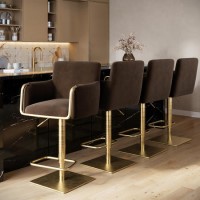 Set of 4 Brown Velvet Adjustable Swivel Bar Stools with Gold Base - Sonny