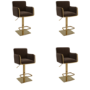 Set of 4 Brown Velvet Adjustable Swivel Bar Stools with Gold Base - Sonny