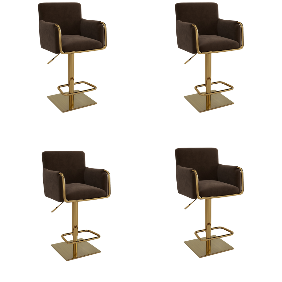 Set of 4 Brown Velvet Adjustable Swivel Bar Stools with Gold Base - Sonny