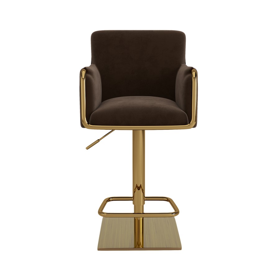 Brown Velvet Adjustable Swivel Bar Stool with Gold Base - Sonny
