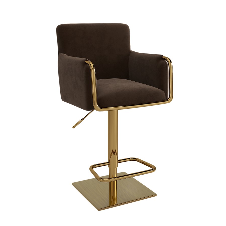 Brown Velvet Adjustable Swivel Bar Stool with Gold Base - Sonny