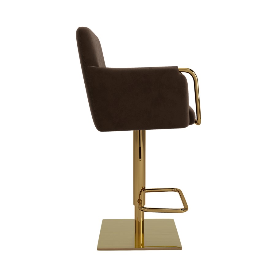 Brown Velvet Adjustable Swivel Bar Stool with Gold Base - Sonny