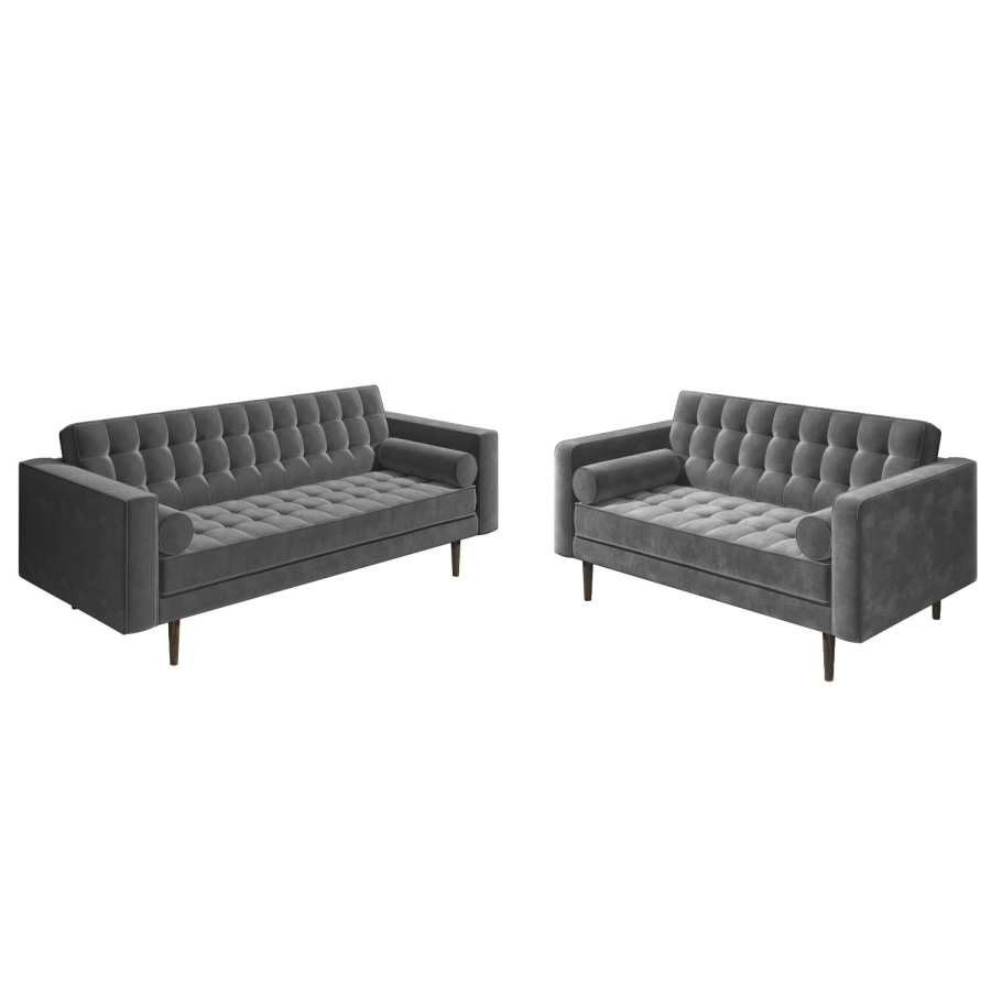 Grey Velvet 3 Seater & 2 Seater Mid Century Quilted Sofa Set - Elba