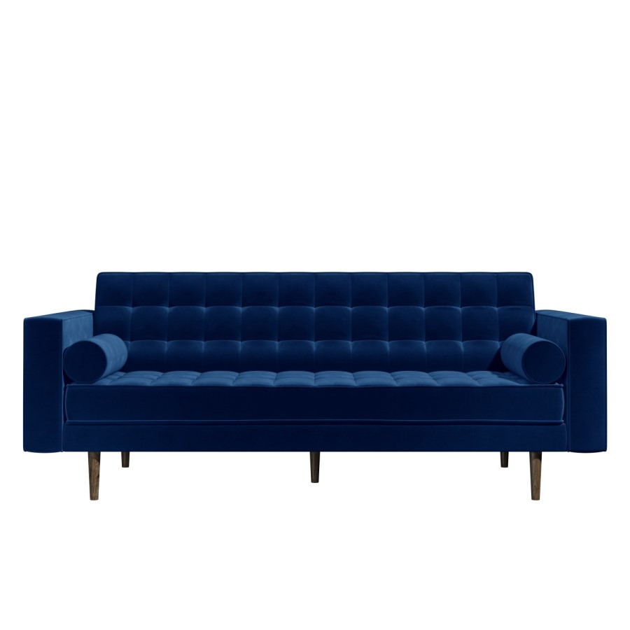Mid Century Quilted Navy Blue Velvet 3 Seater and 2 Seater Sofa Set - Elba