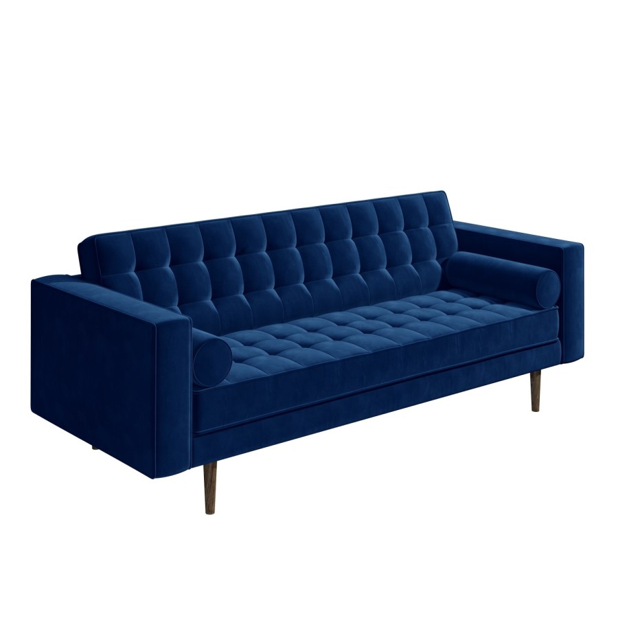 Mid Century Quilted Navy Blue Velvet 3 Seater and 2 Seater Sofa Set - Elba