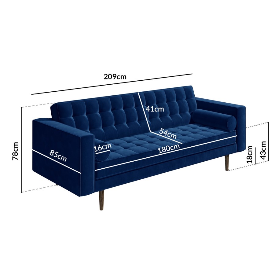 Mid Century Quilted Navy Blue Velvet 3 Seater and 2 Seater Sofa Set - Elba