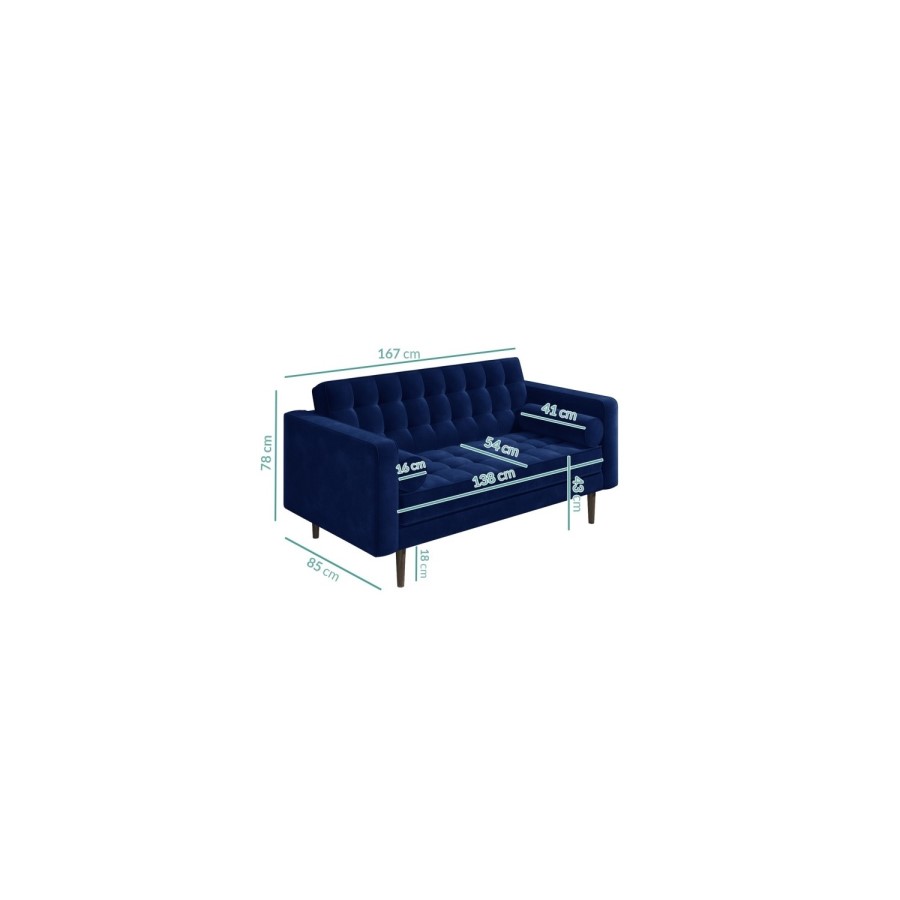 Mid Century Quilted Navy Blue Velvet 3 Seater and 2 Seater Sofa Set - Elba