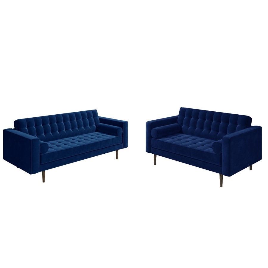 Mid Century Quilted Navy Blue Velvet 3 Seater and 2 Seater Sofa Set - Elba