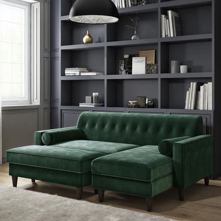 Green Velvet Right Hand L Shaped Sofa with Matching Footstool - Seats 3 ...