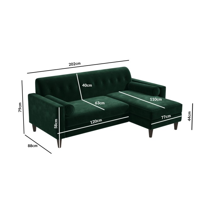 Green Velvet Right Hand L Shaped Sofa with Matching Footstool - Seats 3 - Idris