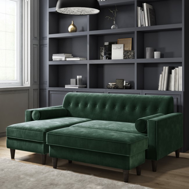 Dark Green Velvet Small Corner Sofa and Footstool Set - Idris