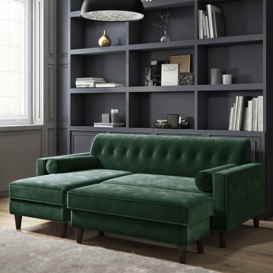 Left Hand Chaise Corner Sofa with Footstool Set in Green Velvet - Idris