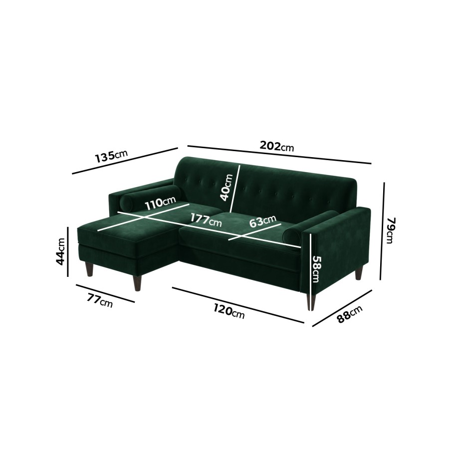 Left Hand Chaise Corner Sofa with Footstool Set in Green Velvet - Idris