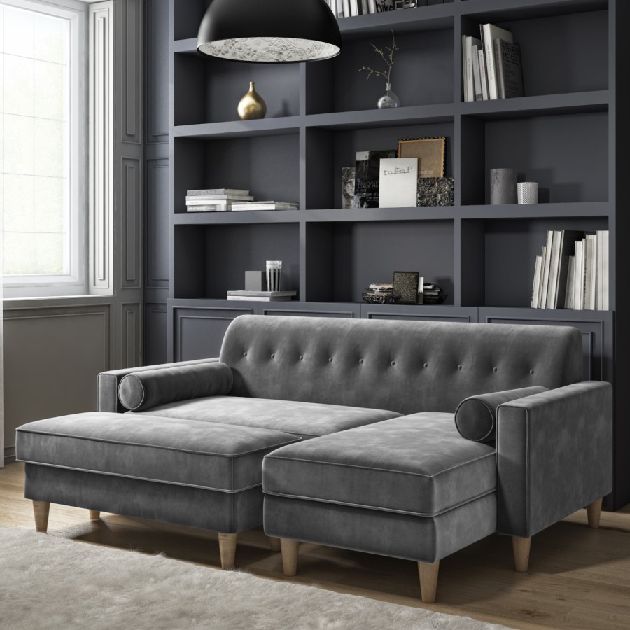 Grey Velvet Small L Shaped Sofa and Footstool Set - Idris