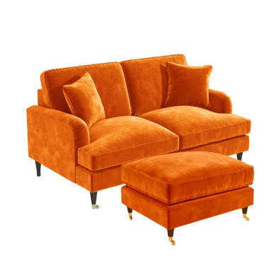 Orange Velvet 2 Seater Sofa and Footstool Set - Payton