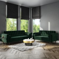 Mid Century Quilted Green Velvet 3 Seater and 2 Seater Sofa Set - Elba