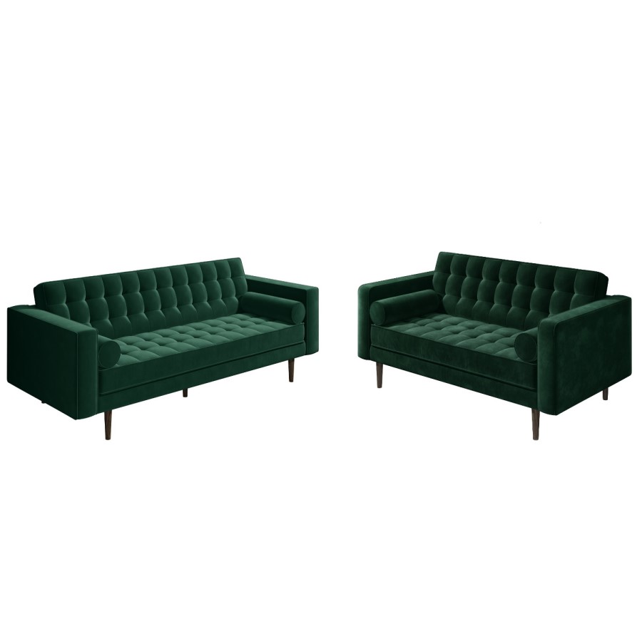 Mid Century Quilted Green Velvet 3 Seater and 2 Seater Sofa Set - Elba