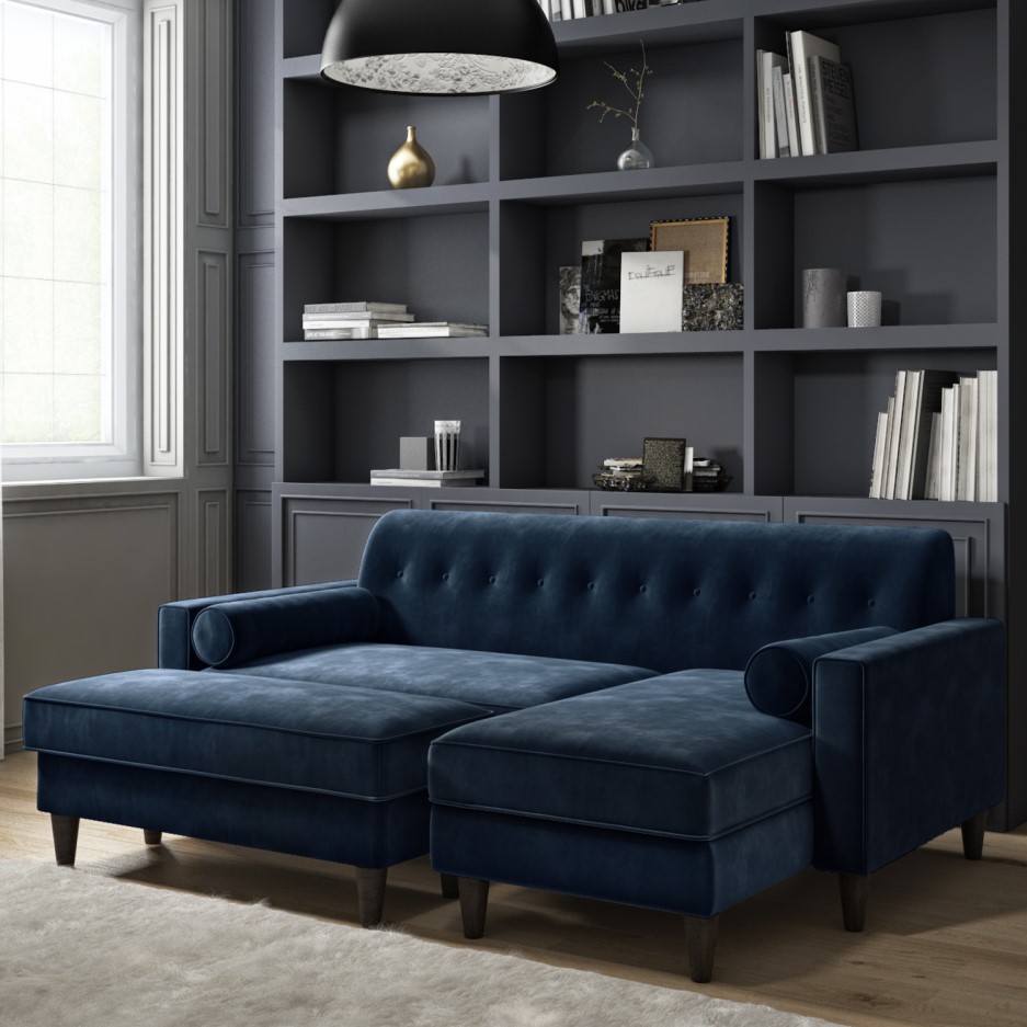 Idris Navy Blue Velvet Corner Sofa with Matching Footstool Furniture123