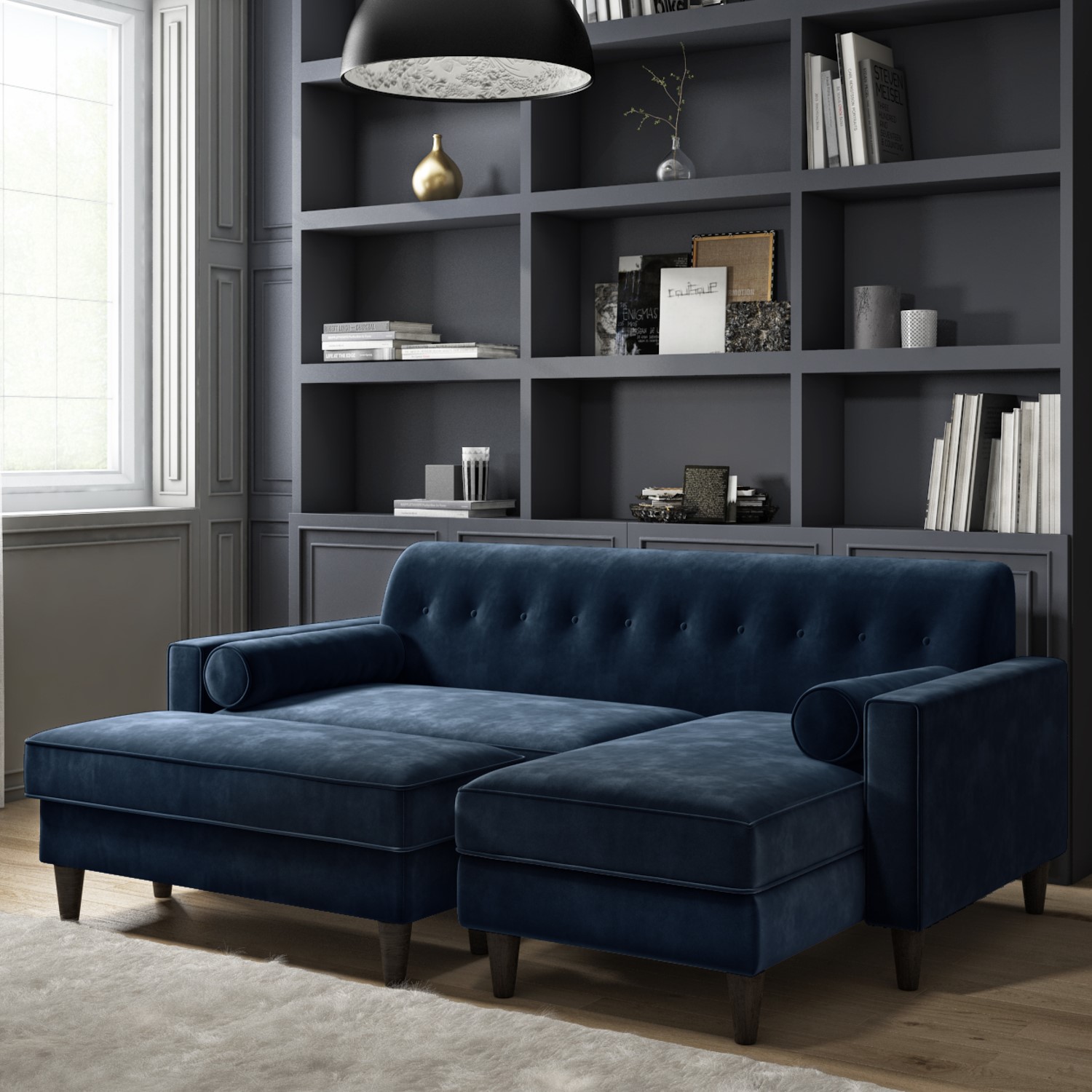 Photo of Navy velvet right hand l shaped sofa with matching footstool - seats 3 - idris