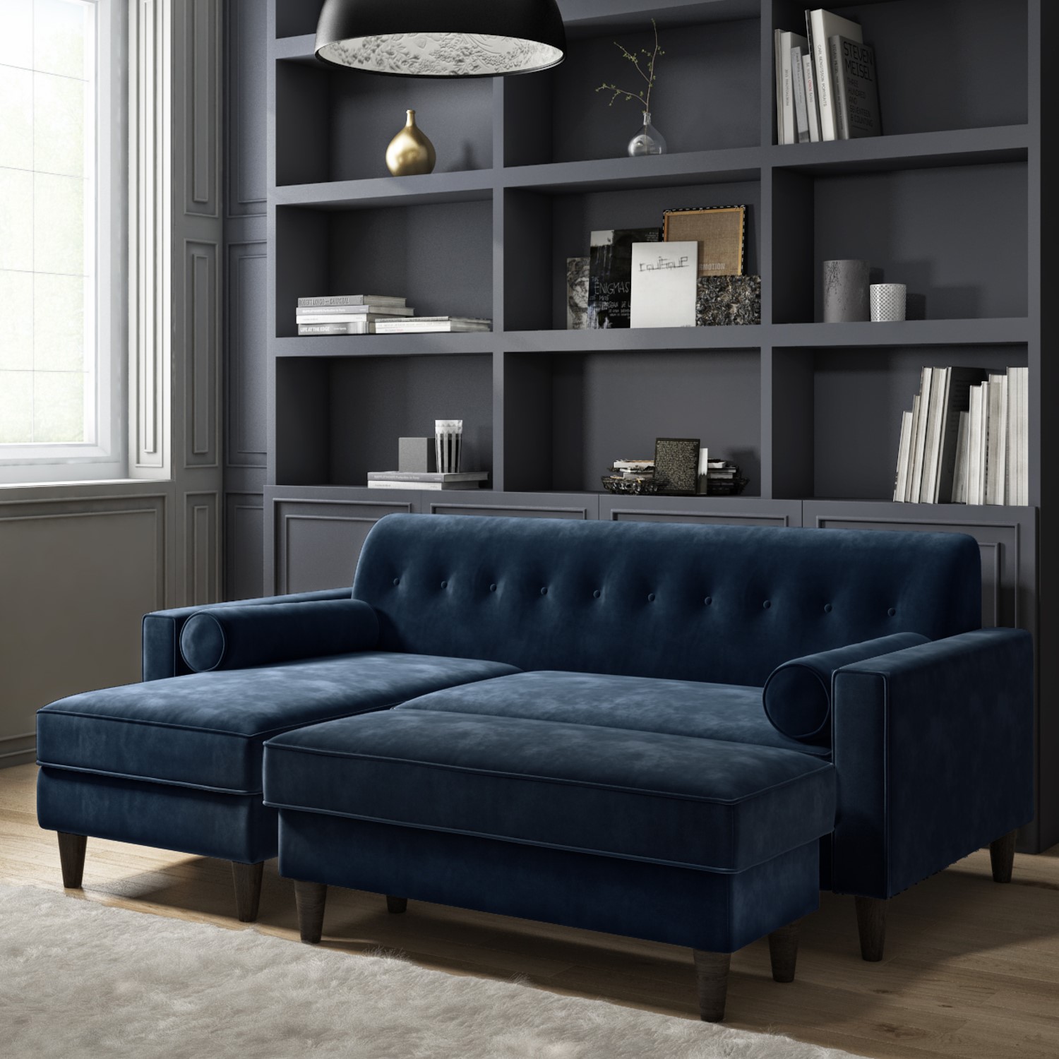 Photo of Navy velvet left hand l shaped sofa with matching footstool - seats 3 - idris
