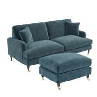 Blue Velvet Sofa and Footstool Set - Payton