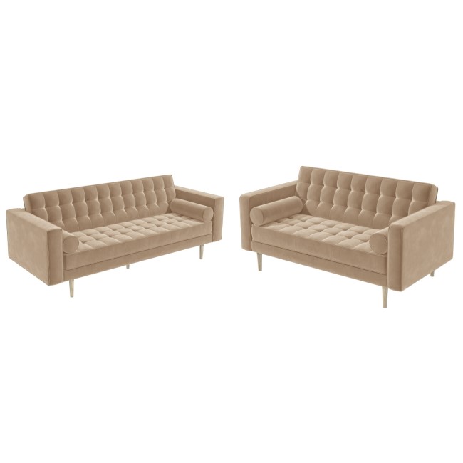 Beige Velvet 3 Seater & 2 Seater Mid Century Quilted Sofa Set - Elba
