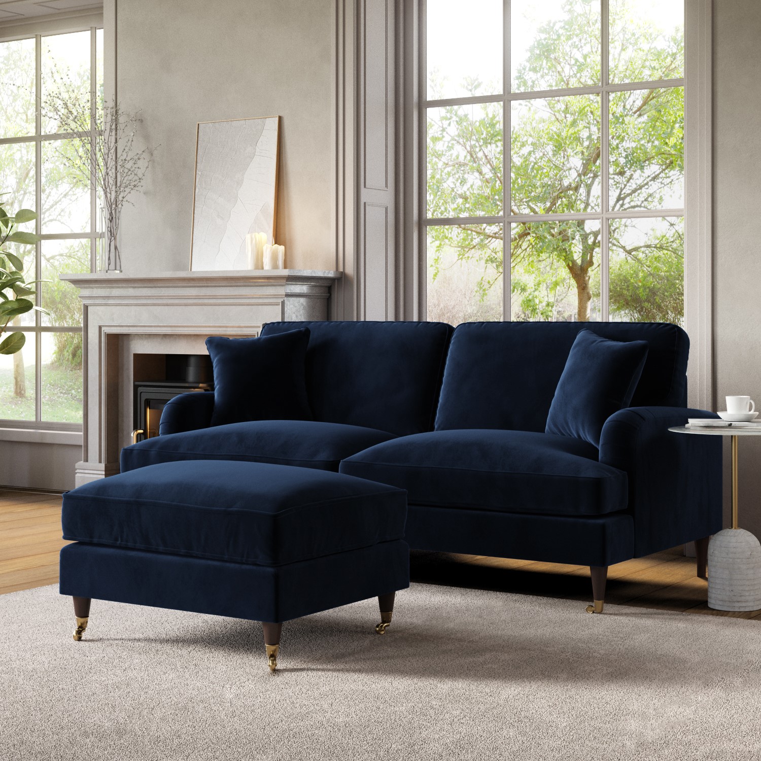 Payton Blue Navy Velvet Sofa And Footstool Set