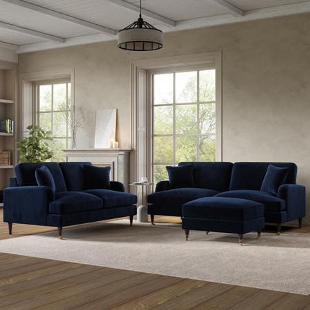 Navy Velvet 2 Sofas and Footstool Set - Payton - Furniture123