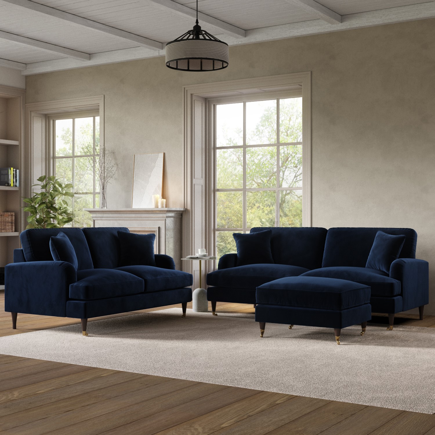 Velvet 2 Sofas Footstool Set