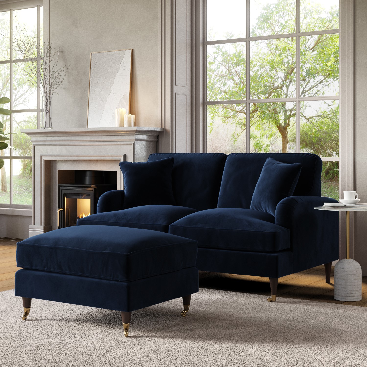 Payton Blue Navy Velvet Sofa And Footstool Set