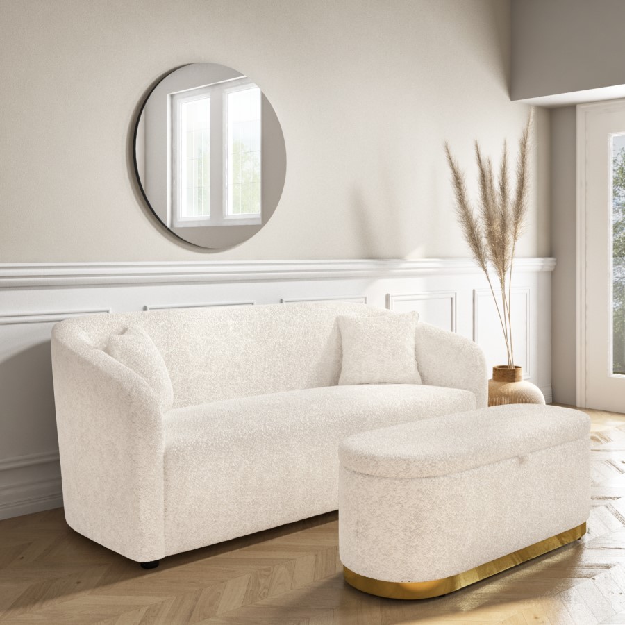 Cream Boucle 3 Seater Sofa with Matching Storage Footstool - Monroe