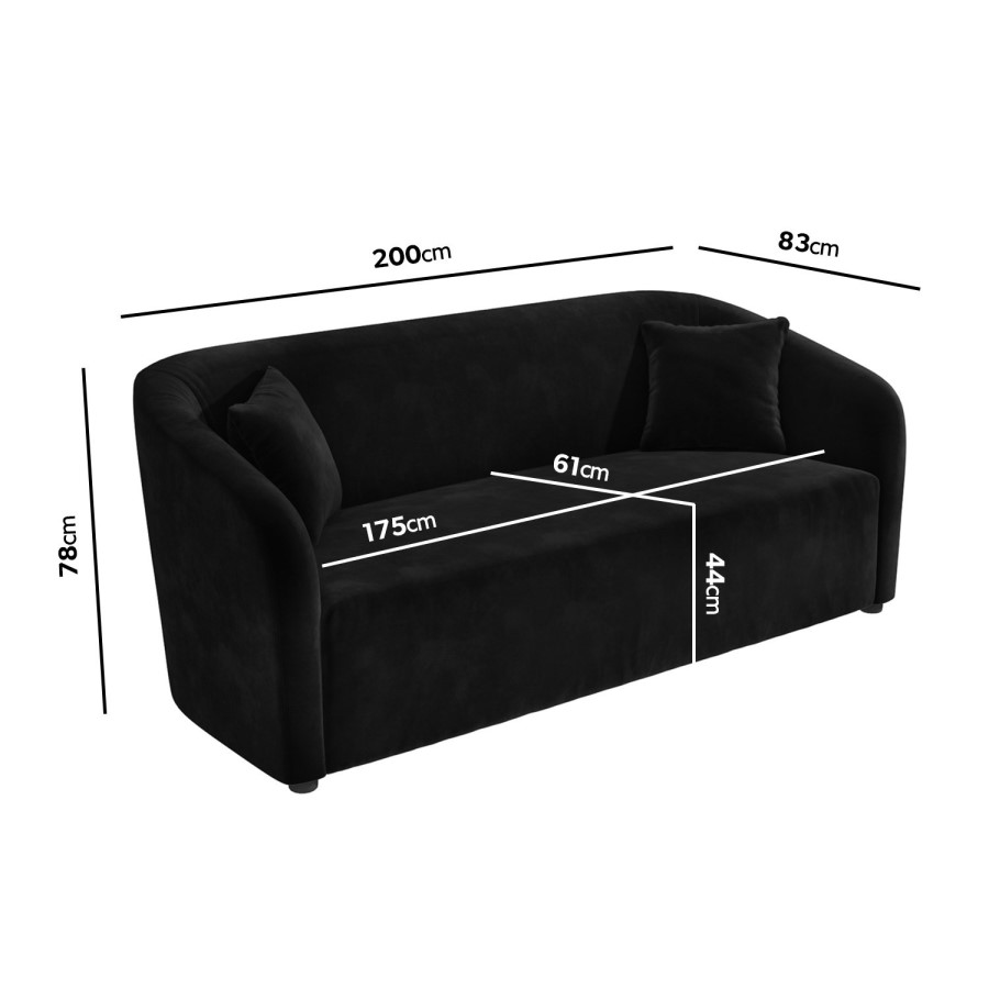 Black Velvet 3 Seater Sofa with Matching Storage Footstool - Monroe 