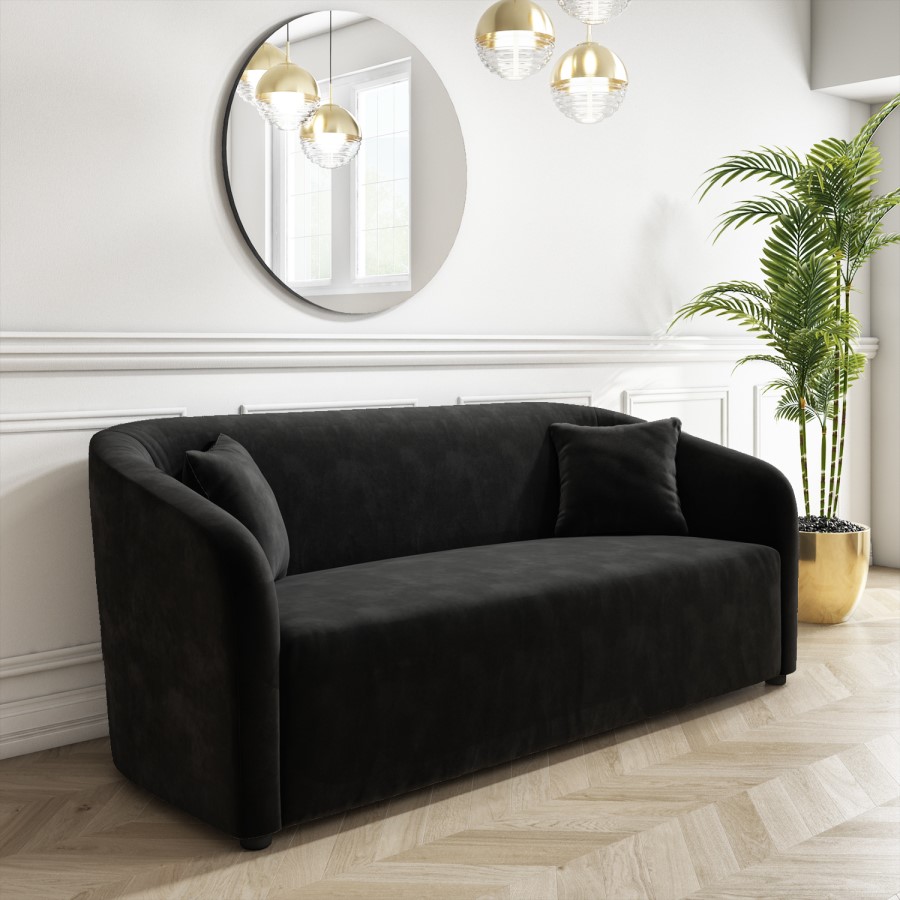 Black Velvet 3 Seater Sofa with Matching Storage Footstool - Monroe 