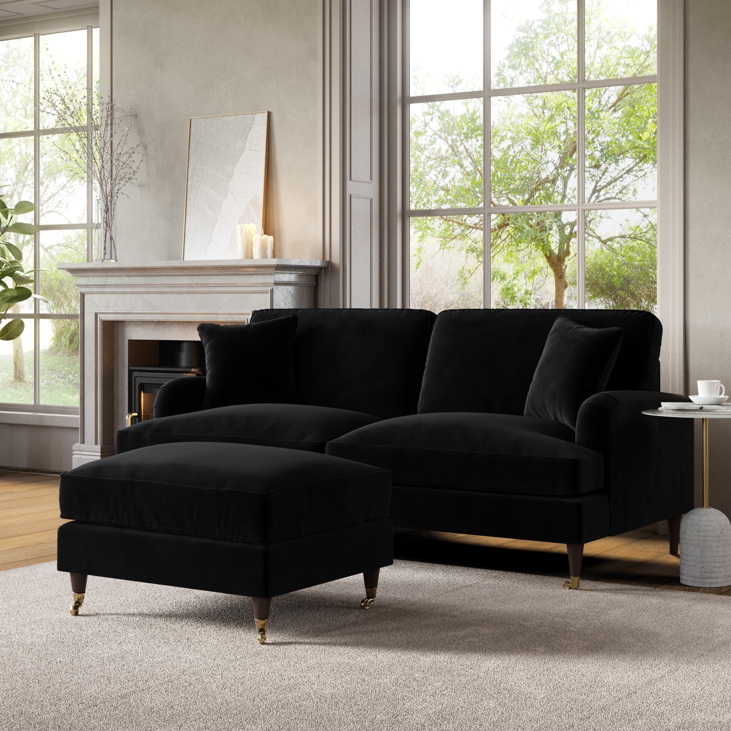 Payton Black Velvet Sofa And Footstool Set