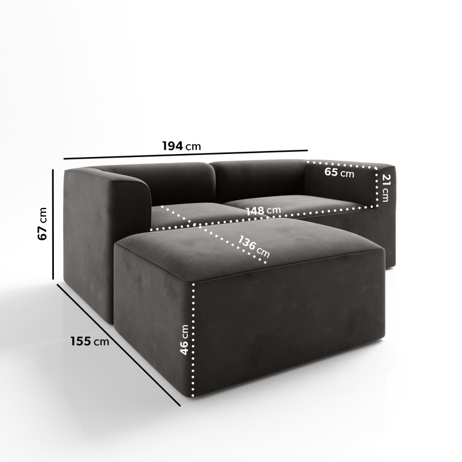 3 Seater Left Hand Facing L Shaped Modular Sofa in Grey Velvet- Hendrix