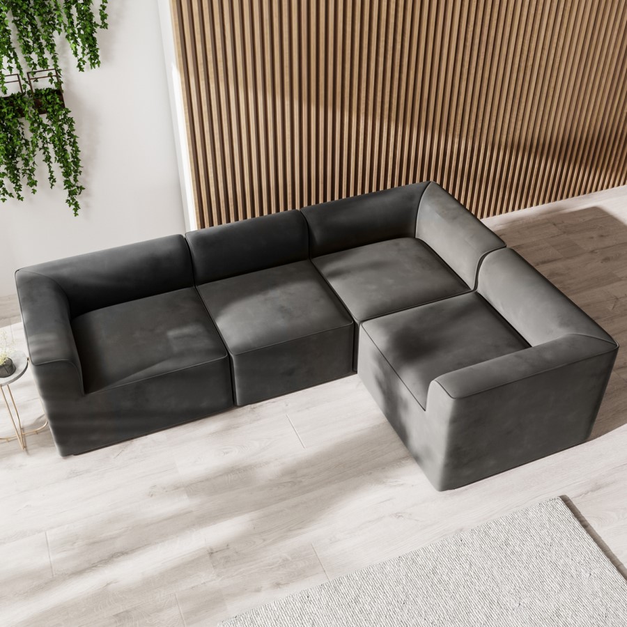 Grade A1 - 4 Seater Right Hand Facing Corner Modular Sofa in Grey Velvet - Hendrix