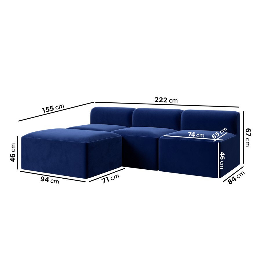 Navy Velvet L Shaped Modular Sofa - Seats 3 - Hendrix