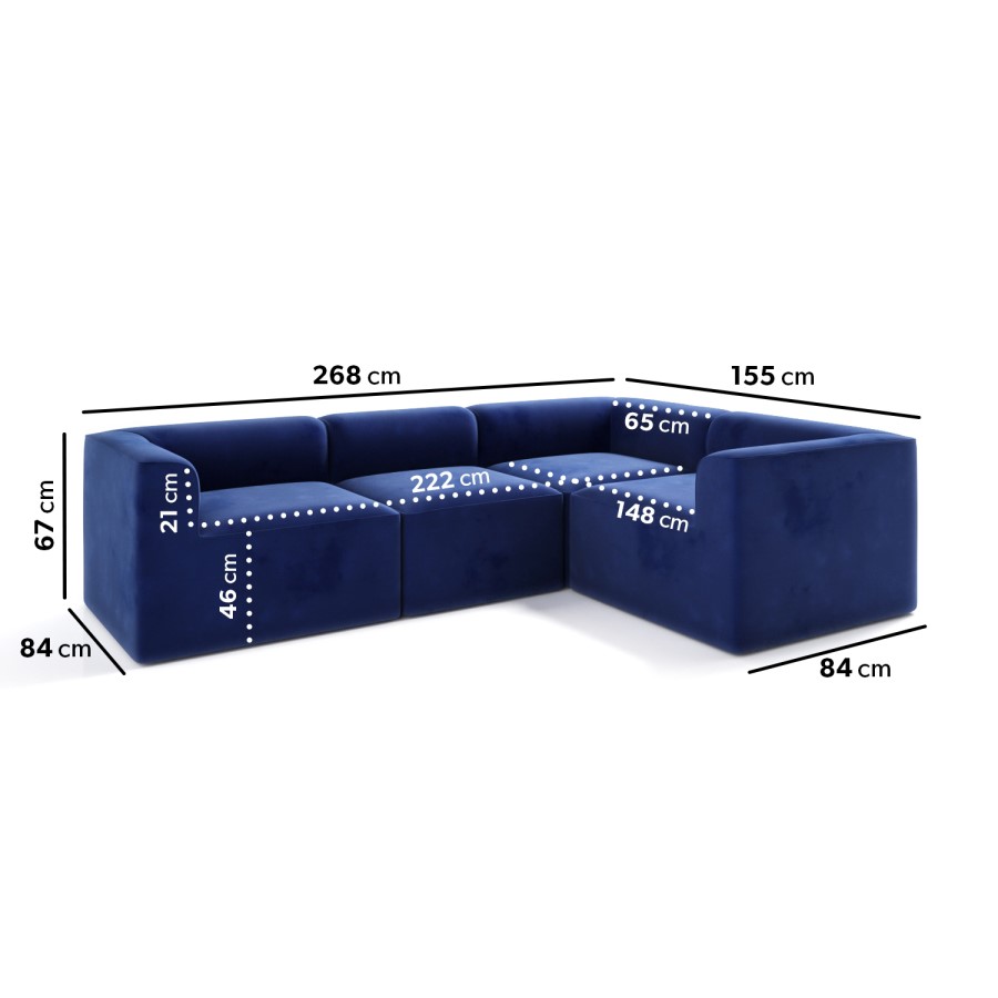4 Seater Right Hand Facing Corner Modular Sofa in Navy Blue Velvet - Hendrix