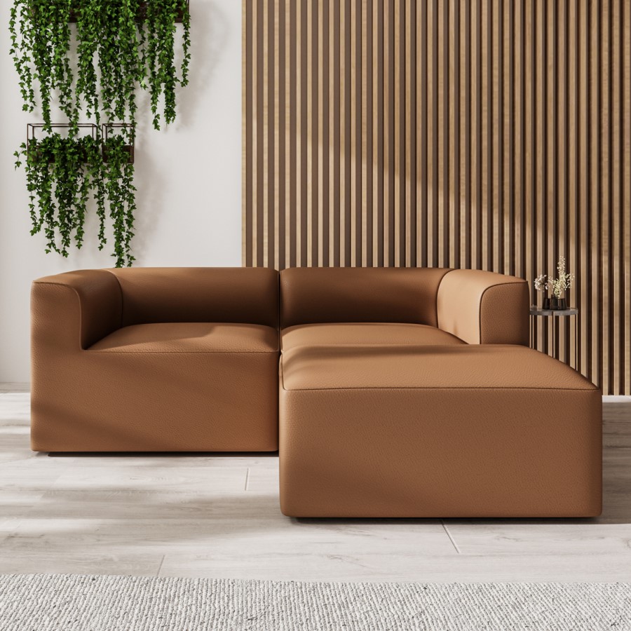 3 Seater Left Hand Facing L Shaped Modular Sofa in Tan Faux Leather - Hendrix