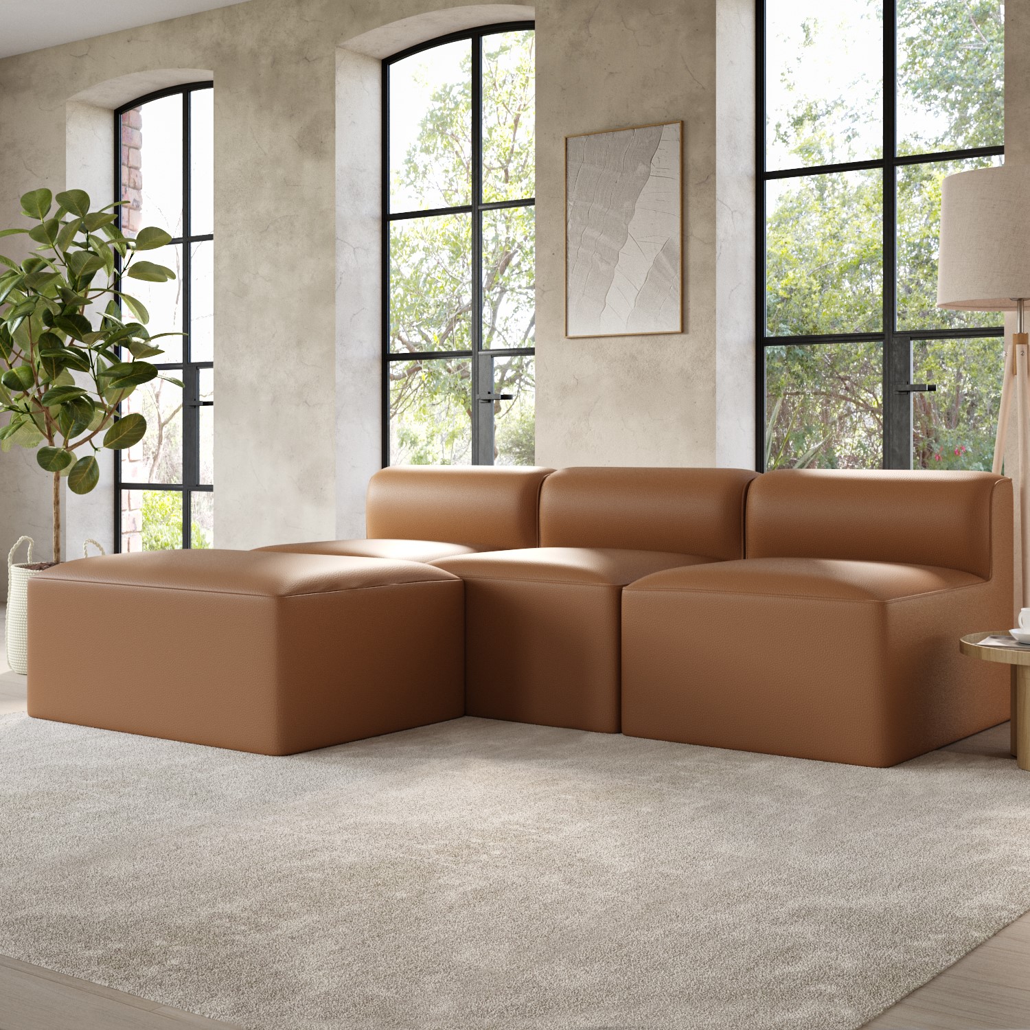 Photo of Tan faux leather l shaped modular sofa - seats 3 - hendrix