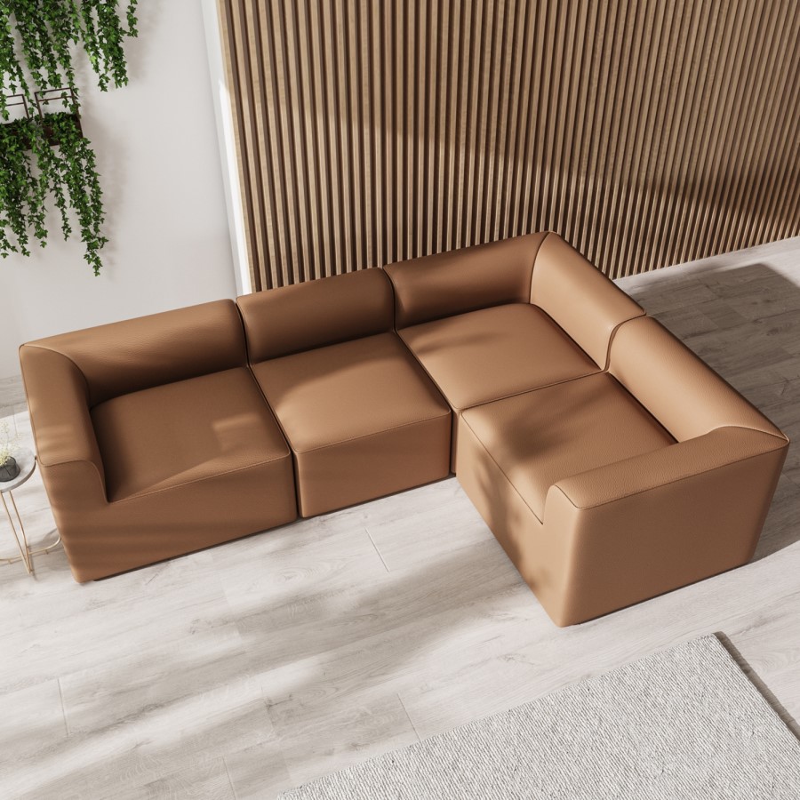 4 Seater Right Hand Facing Corner Modular Sofa in Tan Faux Leather - Hendrix