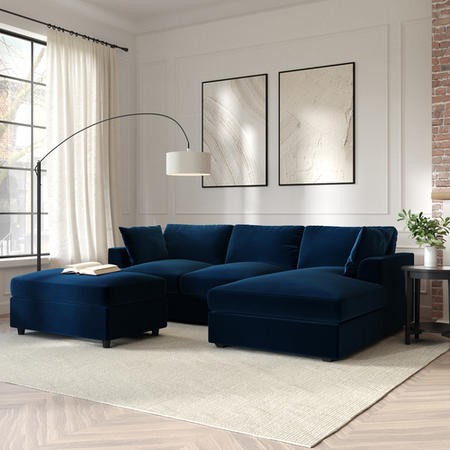 Right Hand Corner Sofa and Footstool Set in Navy Velvet- August ...