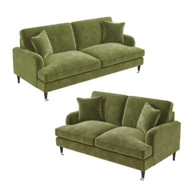 Olive Green Velvet 3 Seater & 2 seater Sofa Set - Payton