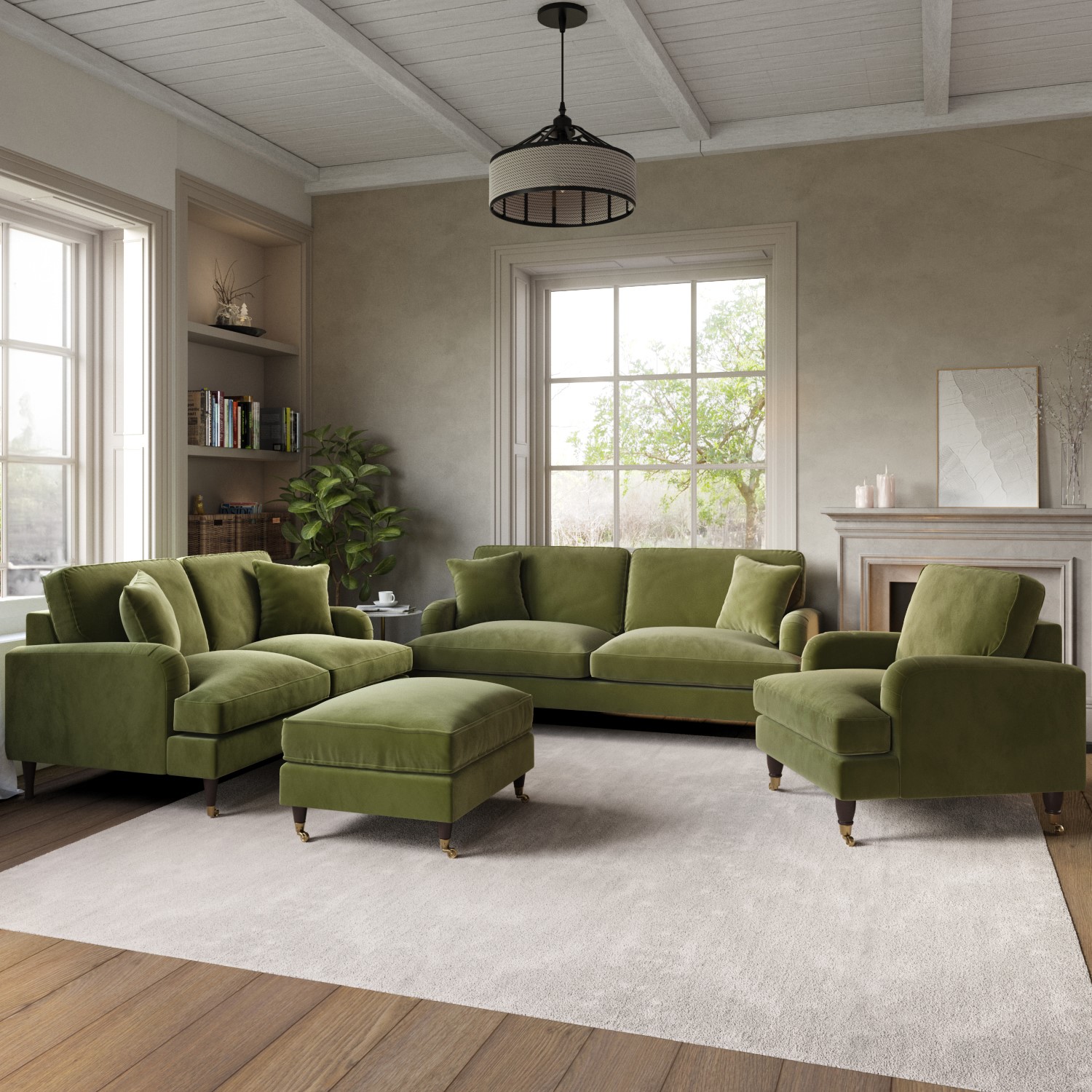 Olive Green Velvet 3 Piece Sofa Set