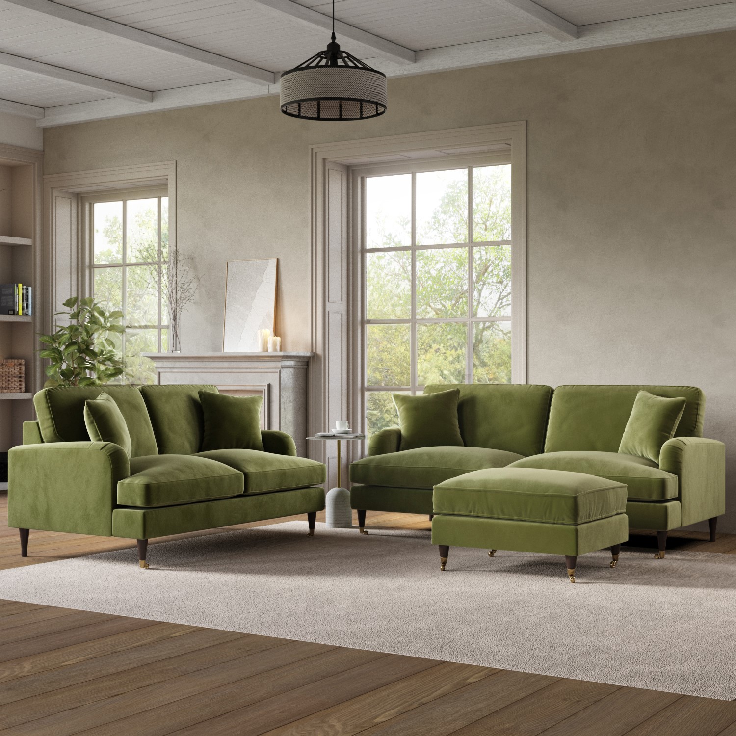Olive Green Velvet 2 Sofas Footstool