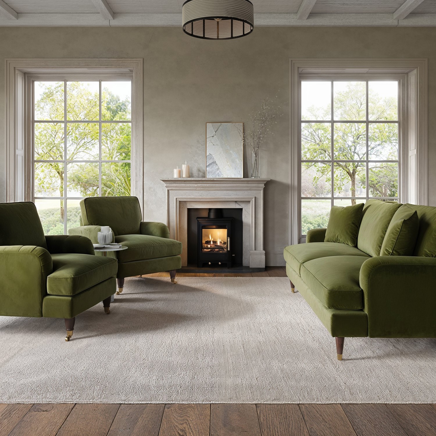 Olive Green Velvet 3 Piece Sofa Set - Payton - Furniture123